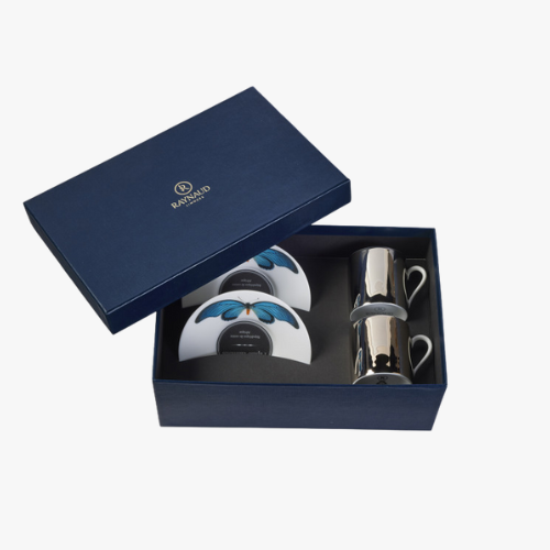 ''Anamorphoses'' Gift box 2 coffee cups platinum mirror and saucers tuquoise butterfly | Raynaud